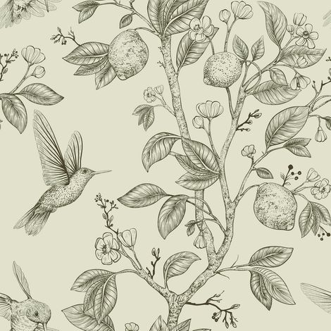 JSSEVN-Papier Peint Fleur Beige Papier Adhésif pour Meuble Vintage Citron Mural Papiers Peints Panoramique Feuilles Oiseaux Papiers Peints (1/5)