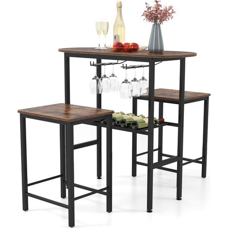 Ensemble de Table à Manger Ovale et 2 Tabourets avec Porte-Bouteilles, Porte-Verres à Vin, Repose-Pieds et Cadre en Métal, Marron (1/5)