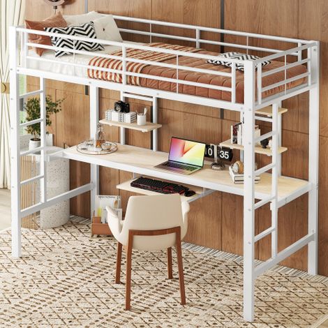 Cama altillo con escritorio, cama altillo infantil de 90x200 cm con 2 estantes, cama altillo adolescente, estructura de metal, blanco (1/5)