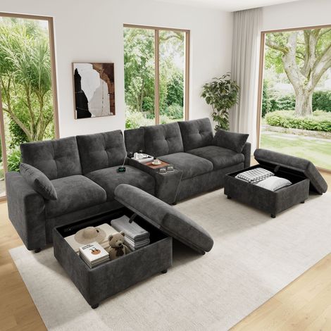 canapé d'angle modulaire 6 places,configuration panoramique en U ou L,2 repose-pieds avec rangement,console centrale et porte-gobelets,ports USB-C intégrés,revêtement en chenille,coloris gris