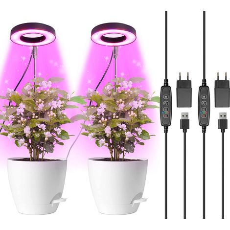 Vollspektrum-LED-Wachstumslicht für Zimmerpflanzen, höhenverstellbare Wachstumslampe mit 3 Helligkeitsstufen, 3/9/12-Stunden-Automatik-Ein-/Aus-Timer, 2er-Pack