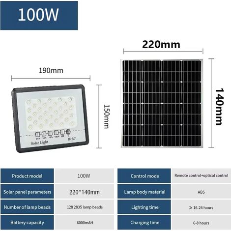 Lampe solaire extérieure JVEE (100 W, 128 LED) IP67 étanche, puissante et télécommandée, idéale pour garage, mur, jardin ou allée. (1/5)