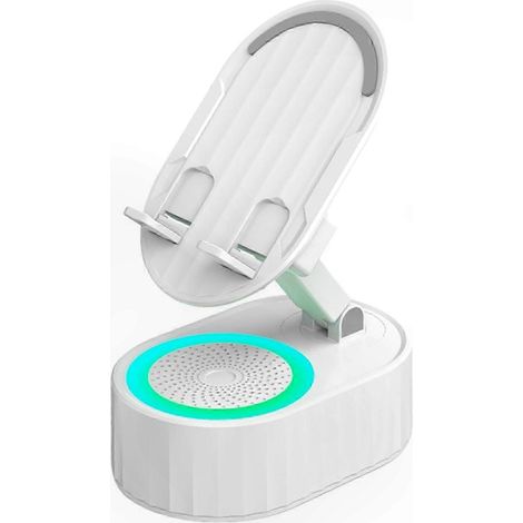 Enceinte portable 5 en 1 avec support pour téléphone, fonction de chargement, lumière d'ambiance, puissance de 5 W, batterie de 3000 mAh, blanche. (1/5)