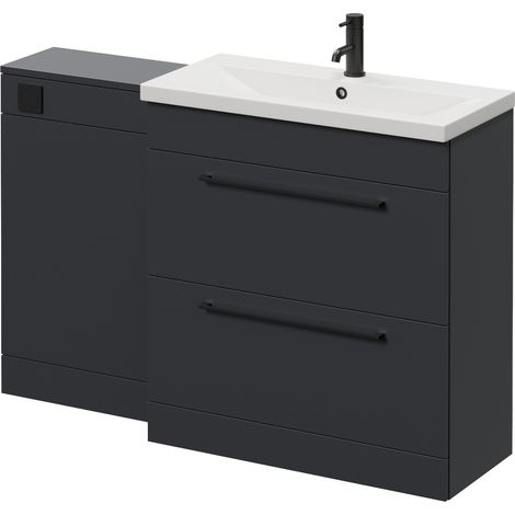 Napoli 390 Gloss Grey 1300mm 2 Drawer Vanity Unit Toilet Suite with Glide Basin - 1300mm - Matt Black 480mm HandleWithout Kingston Toilet Pan