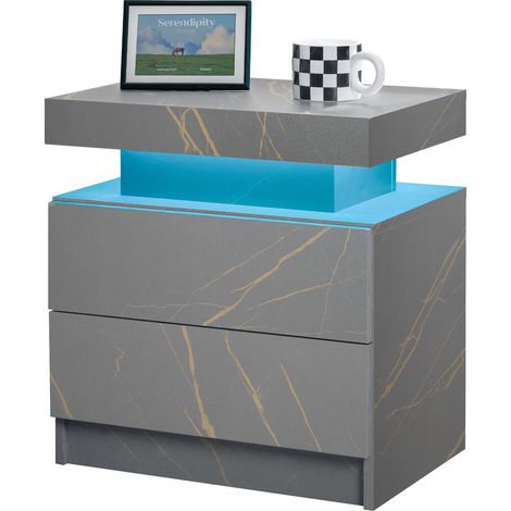 Comodino LED moderno grigio e oro con 2 cassetti in legno ingegnerizzato (1/5)