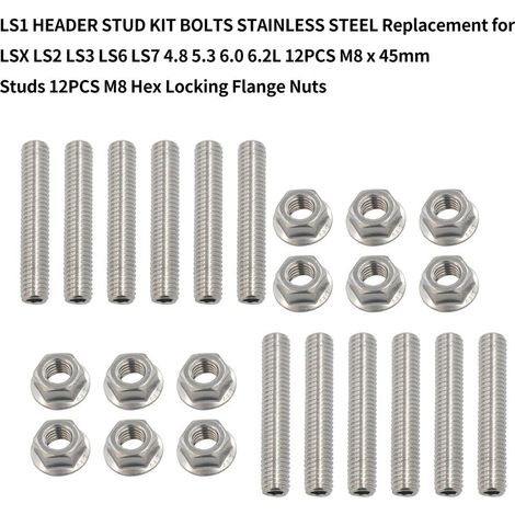LS1 KIT DE GOUJONS D'EN-TÊTE BOULONS EN ACIER INOXYDABLE Remplacement pour LSX LS2 LS3 LS6 LS7 4.8 5.3 6.0 6.2L 12PCS Goujons M8 x 45mm Écrous à bride de verrouillage hexagonal (1/5)