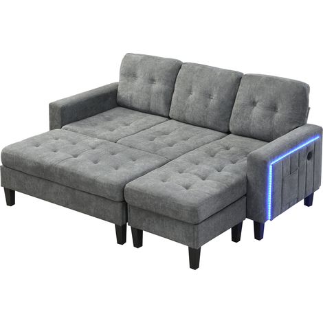 Canapé d'angle en L 3 places en tissu chenille avec pouf mobile XL et éclairage LED intégrés (1/5)