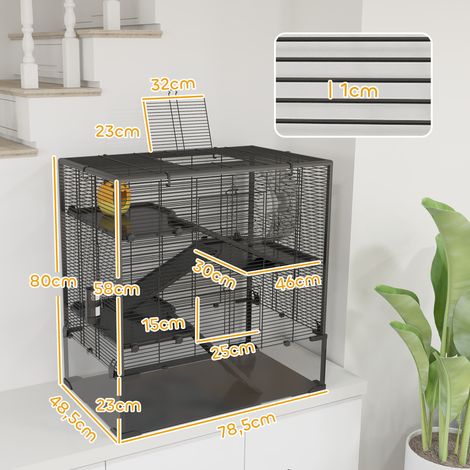 Cage pour hamster à fond en verre, enclos à 4 niveaux avec abri et accessoires, 78,5 cm (L) x 48,5 cm (l) x 80 cm (H), noire (1/5)