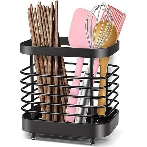 CSPARKV - Soporte para utensilios de cocina de acero inoxidable de 10 x 7,5 x 10,5 cm, escurridor de cubiertos para palillos, cucharas y tenedores, organizador de cajones y encimeras (1/5)