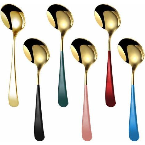 royaluxe - Cuillère ronde en acier inoxydable 6pcs avec poignée colorée (dorée)
