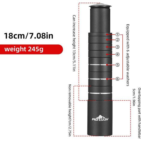 180 mm (6 bagues de réglage) Rehausse de potence en alliage d'aluminium pour vélo, fourche avant, rallonge de potence, accessoire universel pour vélo (1/5)