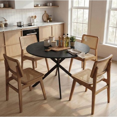 Tavolo da pranzo rotondo per 4 persone in legno e acciaio, Ø 100 x 75 cm, nero (1/5)
