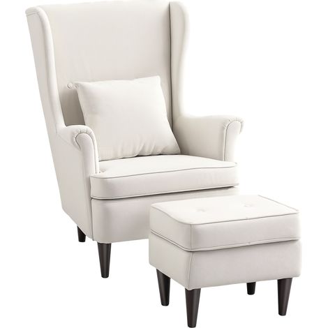 HOMCOM sillón con reposapiés sillón lectura con respaldo alto capitoné patas de madera almohada acolchada y tapizado en lino beige (1/5)
