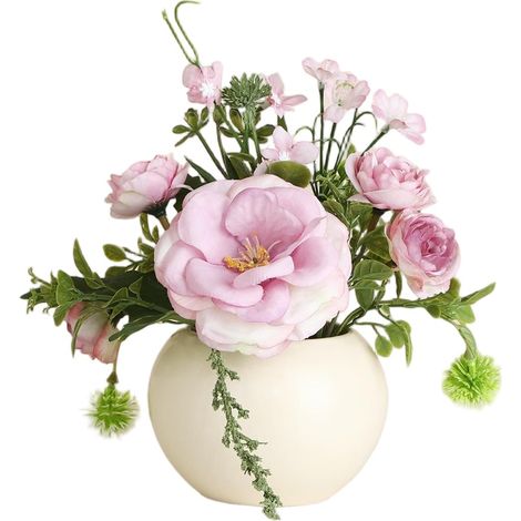 Bouquet de fleurs artificielles, fleurs en plastique longue durée, pot en céramique décoratif + fleur Yutang rose (1/2)