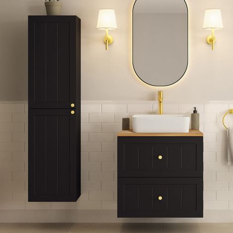Gusto Scandi Style Bathroom Wall Cabinets Vanity Unit with Worktop Basin Set 35cm & 60cm  - Black