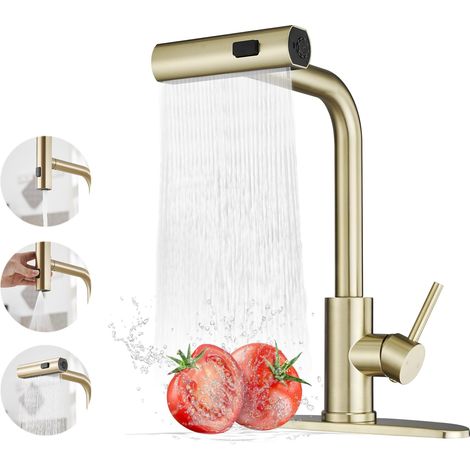Robinet de cuisine doré avec douchette extractible et effet cascade (1/5)