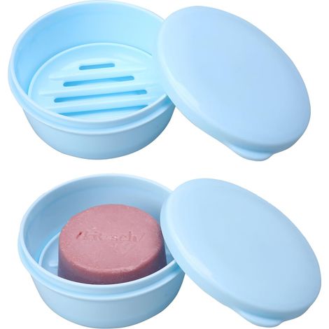 Set mit 2 tragbaren Reise-Seifenboxen aus Kunststoff für runde Seifenschalen mit auslaufsicheren Deckeln für Bad und Dusche (blau) (1/5)