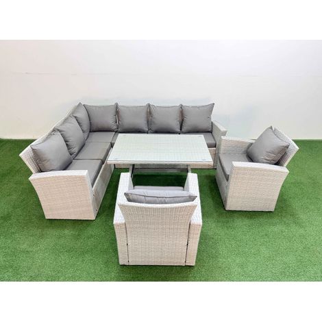 Fimous Garden Outdoor Rattan Furniture Set Rattan Corner Sofa Oblong Dining Table with 2 Armchairs Light Grey Mixed 8 Seater (1/5)