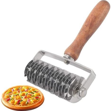 1 unidad de rodillo de rejilla para masa, rodillo para pizza en malla, cortador de masa de acero inoxidable, cuchillo de rodillo para masa con mango de madera para cortar masa, corteza de pizza, horne (1/4)