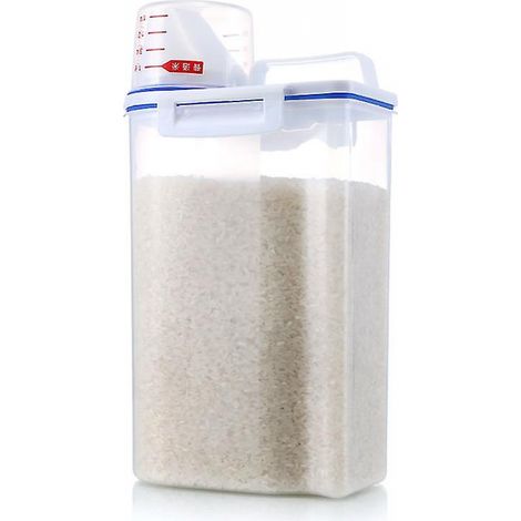 BEBUSINGOTO Dispensador de cereales de plástico de 2,5 l, contenedor de almacenamiento de alimentos para cocina, contenedor de arroz y granos. (1/5)