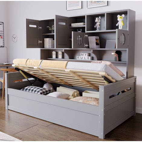 Bett 90x200 cm multifunktional aus Holz grau mit Stauraum und Kopfteilablagen (1/5)