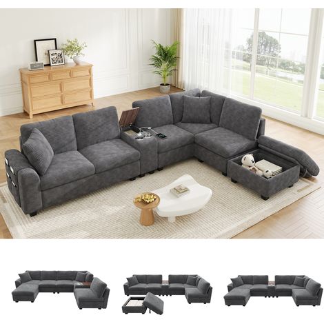 Canapé d'angle modulable 6 places en U/L avec 2 porte-gobelets pouf coffre et console mobile USB-C mobile Velours Côtelé Gris (1/5)
