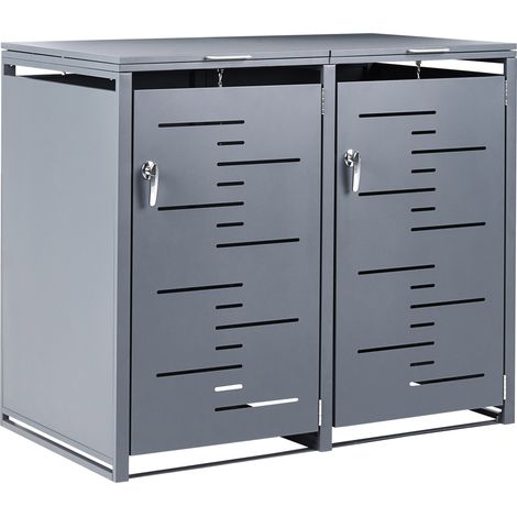 Cobertizo de metal para dos cubos de basura de exterior apertura superior cierre con llave y cadena para dos contenedores 480 litros acero galvanizado gris oscuro Perissa