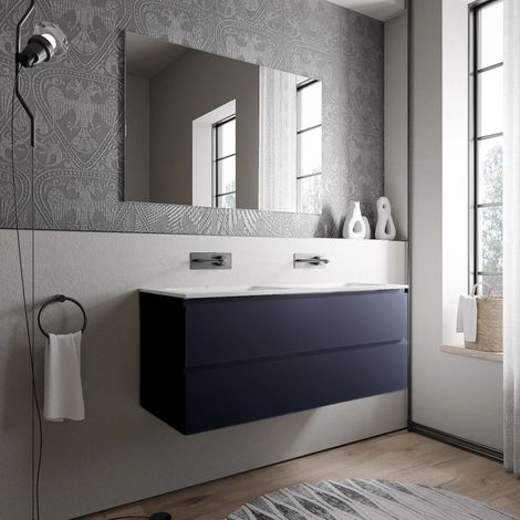 BERNSTEIN - Mueble lavabo doble suspendido MDF Azul oscuro mate, 2 lavabos fundición Blanco mate sin orificio grifería 120x46x50cm - AVA BRUSSELS Blanco mate sin agujero para grifería, Azul medianoche