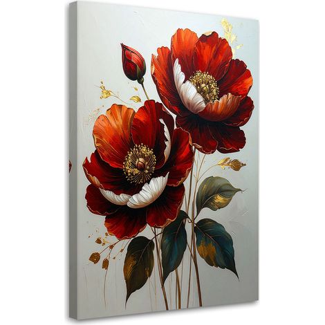 Toile Imprimée, Coquelicots rouges aux feuilles sombres sur fond clair,20x30 (1/4)