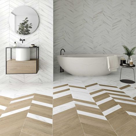 Carrelage 60° CHEVRON CALACATTA effet marbre Chevron 9.8x52.2cm Blanc - Naturel - boîte de 0.46 m2 (1/5)