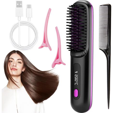 Go Brush Pro Portable Straightener Brush for Women Travel with LCD Temperature Display, Cordless Hair Straightener Brush for Travel