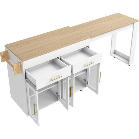 Îlot de cuisine mobile avec table extensible, rangement avec portes vitrées, tiroirs et étagères réglables, blanc, 132,5-217 x 50 x 93 cm (1/5)