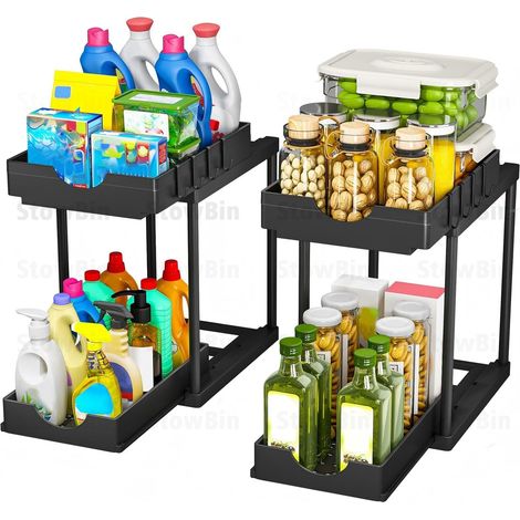 Lot de 2 - Organisateur de Cuisine - Étagère sous évier - Système de Rangement avec Crochets pour Placard et Salle de Bain - Noir - 22,1x35,7x39,37cm