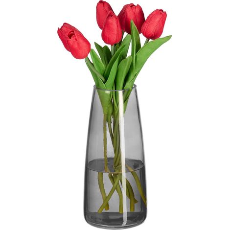 Relaxdays Vase, Glasvase für Blumen, Tischvase aus Glas, hohe Blumenvase, Dekovase, Maße H x D: 21,5 x 10 cm, grau