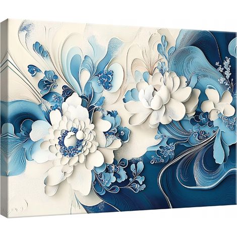 Peinture Murale sur toile fleurs bleu pour chambre salon cuisine 100x70 (1/3)