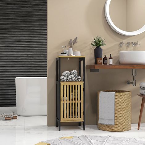 Mobiletto Bagno con Ripiano Aperto e Armadietto, in MDF e Bambù, 32x30x90.5 cm, Nero e color Legno