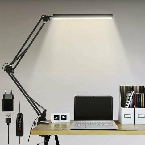 Lampada da scrivania a LED Ulisem, 14W, pieghevole, con clip, 10 livelli di luminosità x 3 modalità di colore, regolabile, con protezione per gli occhi, adattatore 5V/2A CE incluso.