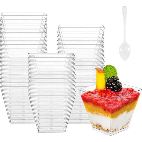 Set mit 50 Dessertgläsern (60 ml) + 50 quadratischen, transparenten Löffeln für Pudding/Eiscreme/Geburtstagsdesserts