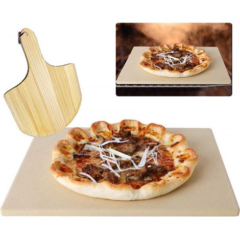 Lot de 1 pierre à pizza en céramique avec pelle en bois, résistante aux chocs thermiques, pour four et grill, cuisson parfaite