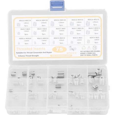 Kit de 75 inserts filetés, acier inoxydable argenté, écrous à (1/5)
