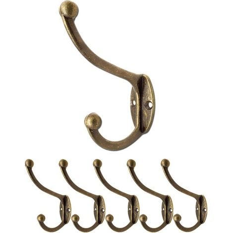 5 ganci da parete in ferro per appendiabiti, cappelli, asciugamani, vestiti. Effetto bronzo/ottone anticato. Stile vintage/country. Viti incluse. (1/5)