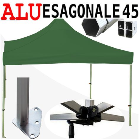 Gazebo 3x3 m verde SENZA laterali pieghevole alluminio piantone esagonale 45mm portatile estendibile richiudibile estensibile acciaio per fiere eventi stand chiosco tenda tendone mercato mercatino (1/5)