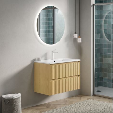 Meuble de salle de bain suspendu 75 cm avec lavabo céramique blanc, 2 tiroirs, chêne doré (1/5)