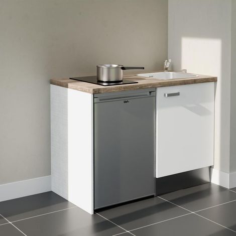 Kitchenette K08L-PT - 120 cm - plan stratifié, évier inox, - Façade Blanc - Plan Bois - Evier Inox - Crédences Non + Electroménager inclus coloris Inox (1/5)
