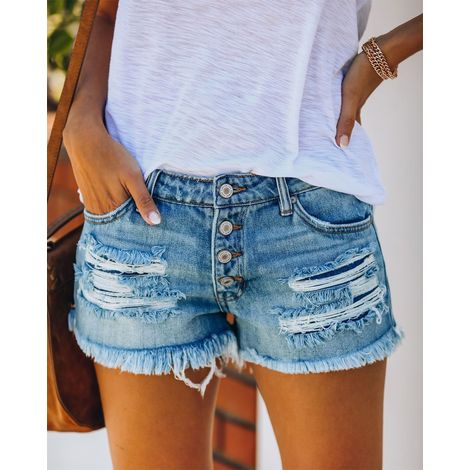 Short en jean respirant, tendance et décontracté, coupe droite, à franges, effet usé, bleu clair, taille S. (1/5)