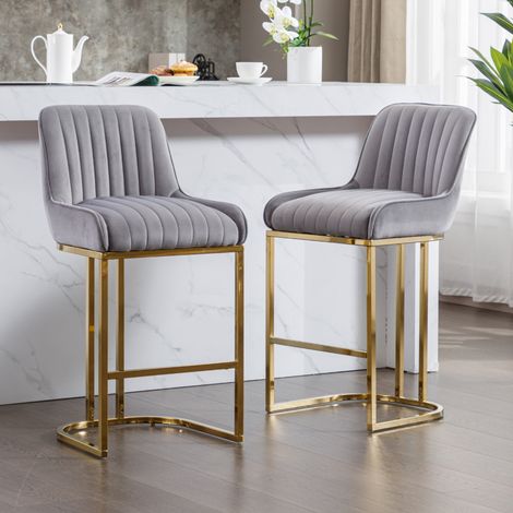 WahsonBarhocker 2er Set Samt, Barstuhl mit Lehne für Kücheninsel, Tresenhocker mit Metallbeine, Bistrohocker mit Fußstütze für Küche Hausbar, Grau