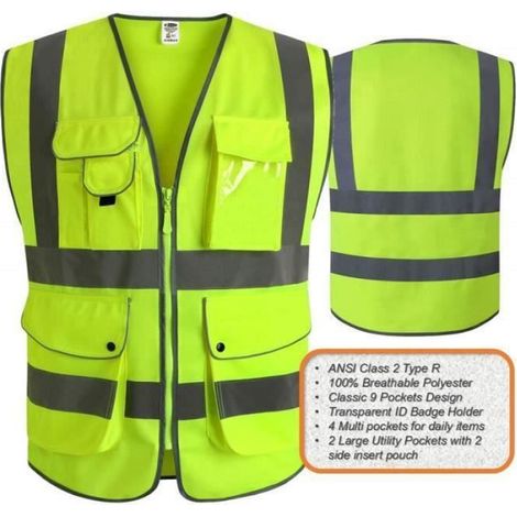 Gilet De Sécurité - Jaune Haute Visibilité - Bandes Réfléchissantes 360° - Classe 2 - 9 Poches - Taille Unique (1/4)