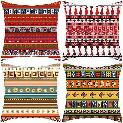 housse De Coussin Rayures Rtro De Style Ethnique 45 Cm X 45 Cm, Lot De 4 Taies D'oreiller Rouges 18 X 18 Pouces En Polyester Doux Carr Dcoratif T (1/5)