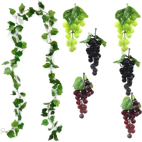 Lot de 7 Grappes de Raisins Artificiels en Plastique avec Feuilles de Vigne, Décoration Réaliste de Fruits Artificiels pour Bureau, Jardin, Vin, Accessoires Photo (1/5)