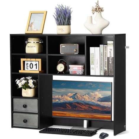 VEVOR Libreria da Scrivania, Organizer per Scrivania a 3 Ripiani, 94 x 25,4 x 79,2 cm Scaffale per Ufficio in Legno, Libreria da Scrivania con Due Cassetti in Tessuto, per Ufficio, Dormitorio, Nero